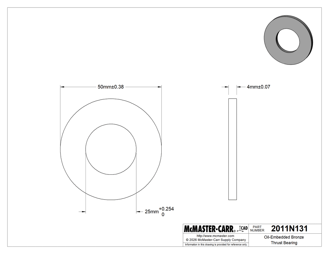 Technical Drawing of Oil-Embedded Bronze Thrust Bearing, for 25 mm Shaft Diameter, 50 mm OD, 4 mm Thick.